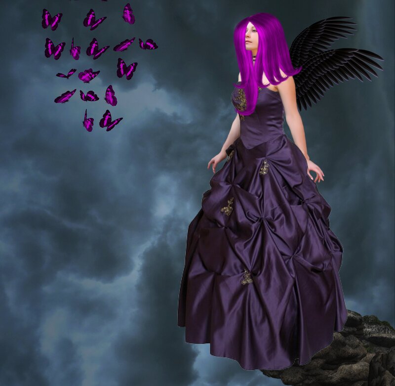 Woman with Purple Hair — Dramatic, Night, Digital Art, Butterflies