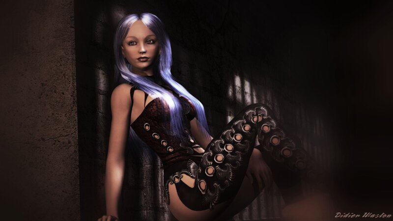 Woman with Purple Hair — Dramatic, Night, Digital Art, Corset