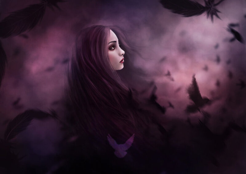 Woman with Purple Hair — Dramatic, Night, Digital Art, Feathers