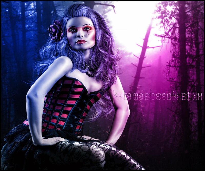 Woman with Purple Hair — Dramatic, Night, Digital Art, Forest