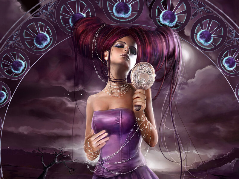 Woman with Purple Hair — Dramatic, Night, Digital Art, Mirror