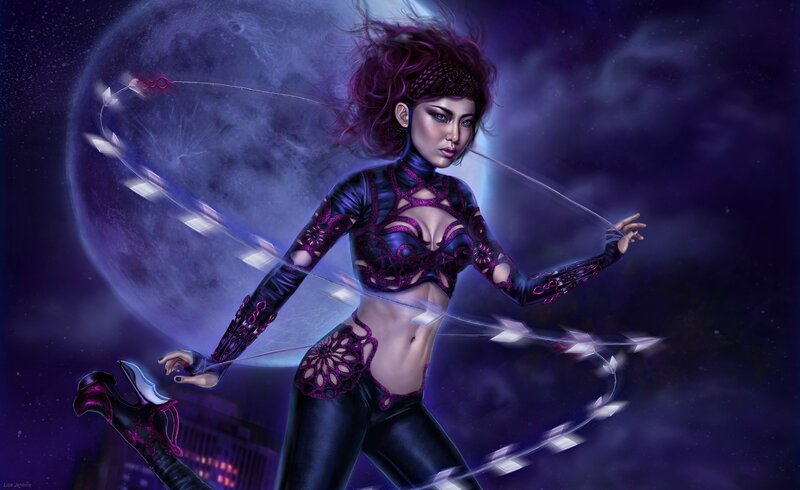Woman with Purple Hair — Dramatic, Night, Digital Art, Moon, Arrows
