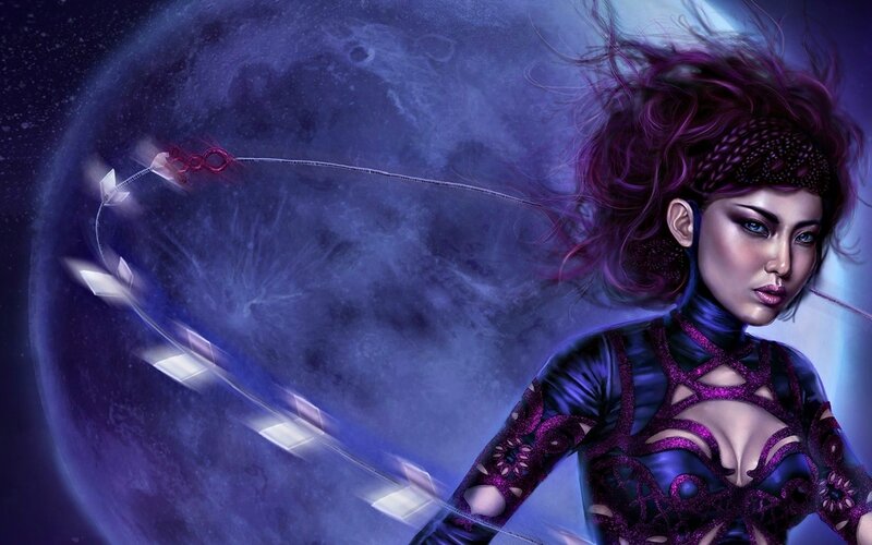 Woman with Purple Hair — Dramatic, Night, Digital Art, Moon, Bow