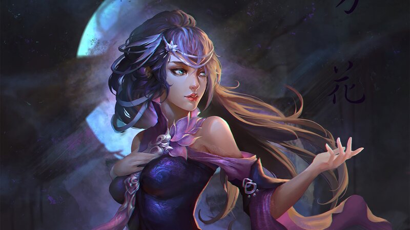 Woman with Purple Hair — Dramatic, Night, Digital Art, Moon, Flowing Hair