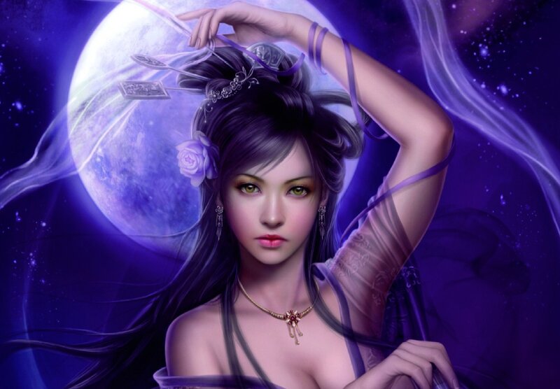 Woman with Purple Hair — Dramatic, Night, Digital Art, Moon, Rose