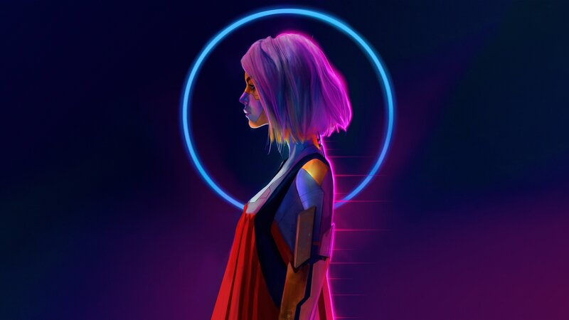 Woman with Purple Hair — Dramatic, Night, Digital Art, Neon Ring