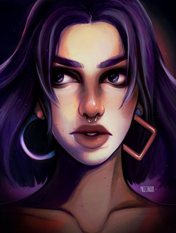 Woman with Purple Hair — Dramatic, Night, Digital Art, Nose Ring
