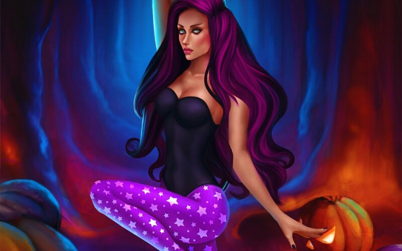 Woman with Purple Hair — Dramatic, Night, Digital Art, Pumpkin