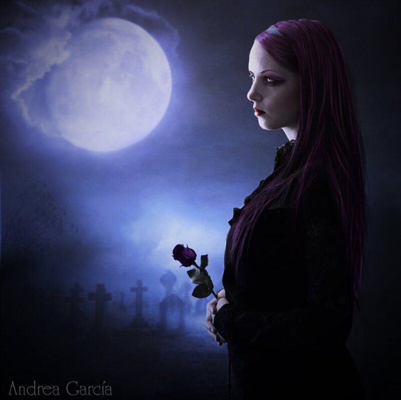 Woman with Purple Hair — Dramatic, Night, Digital Art, Rose