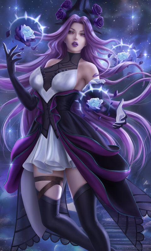 Woman with Purple Hair — Dramatic, Night, Digital Art, Roses
