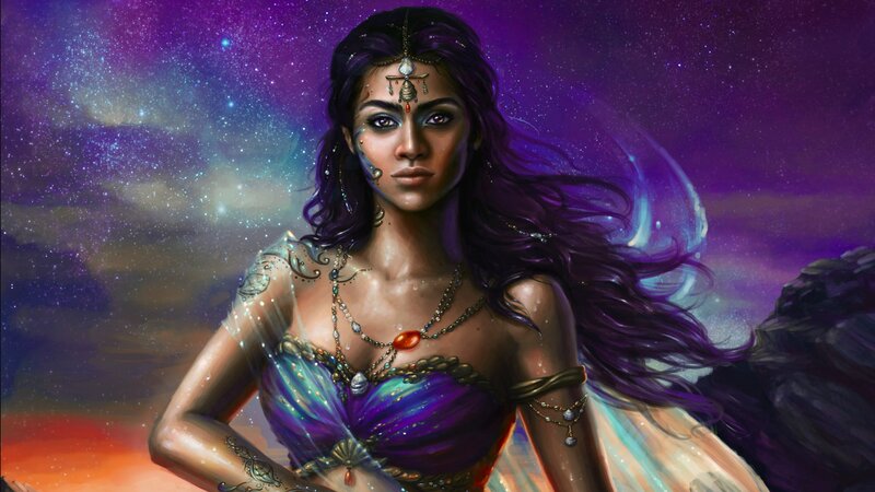 Woman with Purple Hair — Dramatic, Night, Digital Art, Starry Sky