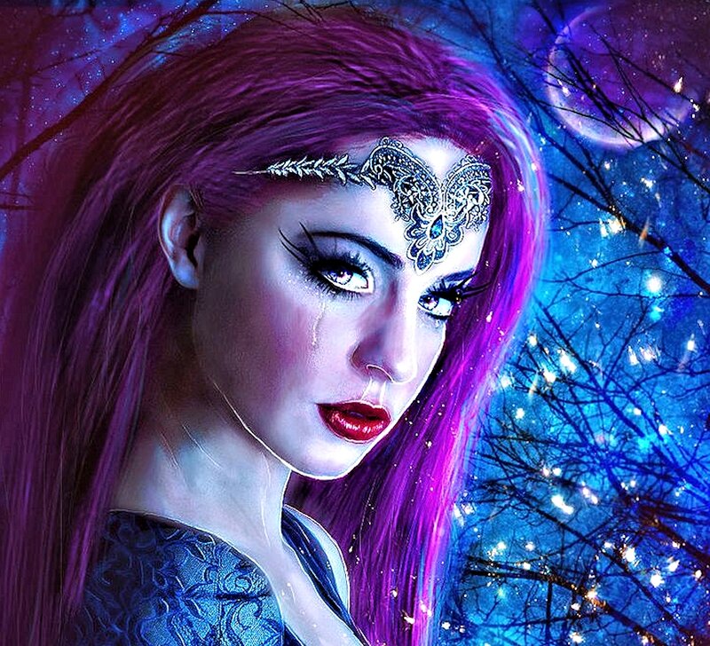 Woman with Purple Hair — Dramatic, Night, Digital Art, Tear