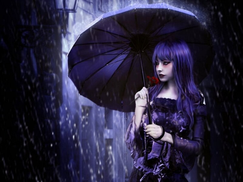 Woman with Purple Hair — Dramatic, Night, Digital Art, Umbrella