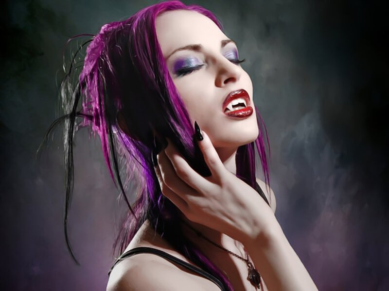 Woman with Purple Hair — Dramatic, Night, Digital Art, Vampire Fangs