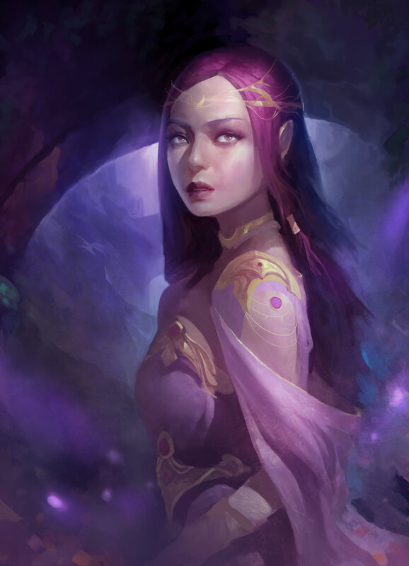 Woman with Purple Hair — Dramatic, Night, Digital Art, Wings, Armor