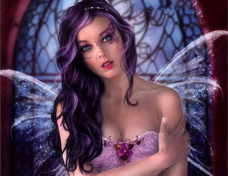 Woman with Purple Hair — Dramatic, Night, Digital Art, Wings, Makeup