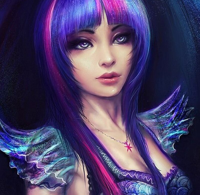 Woman with Purple Hair — Dramatic, Night, Digital Art, Wings