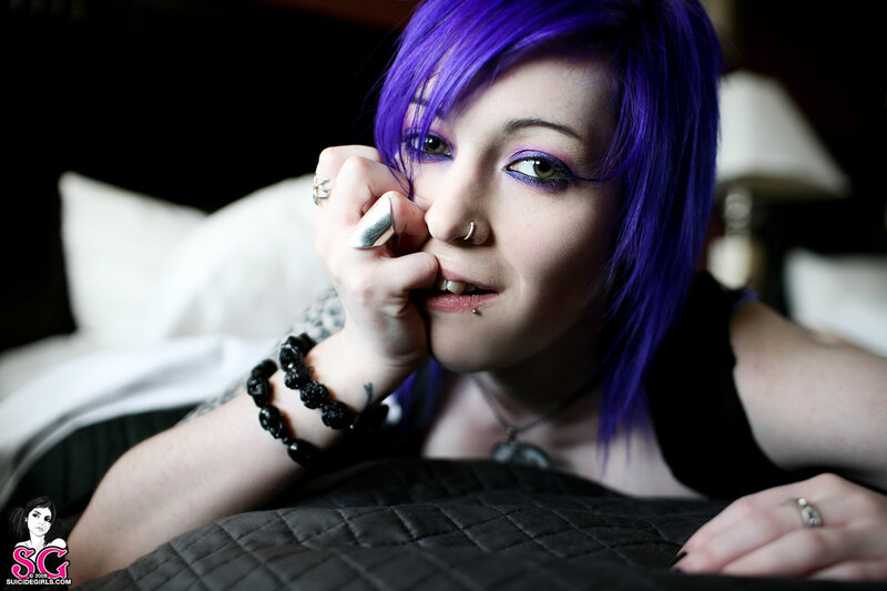 Woman with Purple Hair — Dramatic, Night, Photograph, Bed