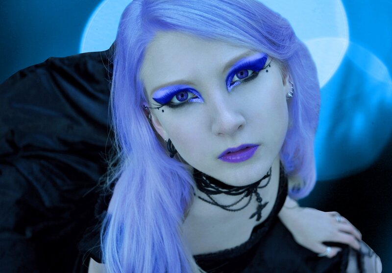 Woman with Purple Hair — Dramatic, Night, Photograph, Makeup