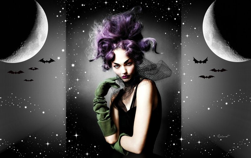 Woman with Purple Hair — Dramatic, Night, Photograph, Moon