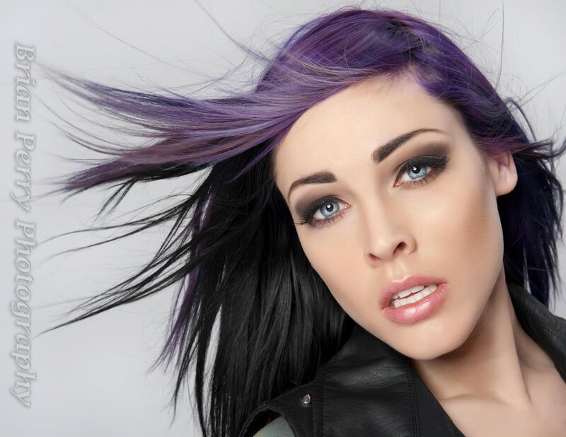 Woman with Purple Hair — Dramatic, Photograph, Makeup, Leather Jacket