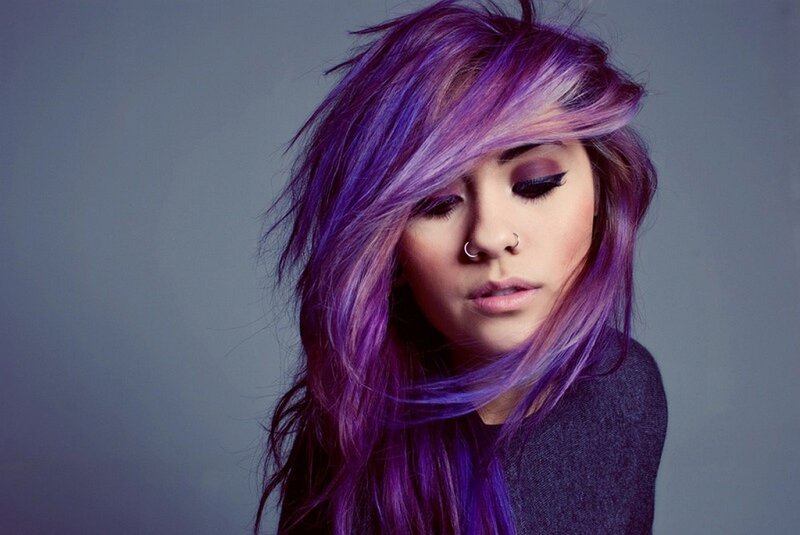 Woman with Purple Hair — Dramatic, Photograph, Nose Ring, Makeup