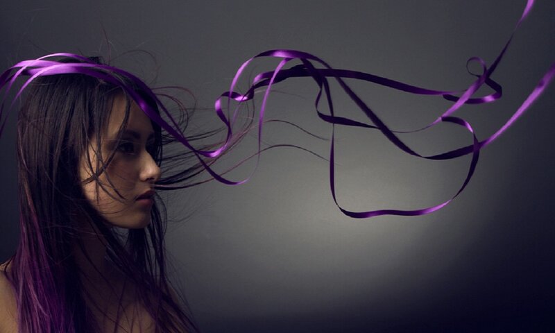 Woman with Purple Hair — Dramatic, Photograph, Purple Ribbon