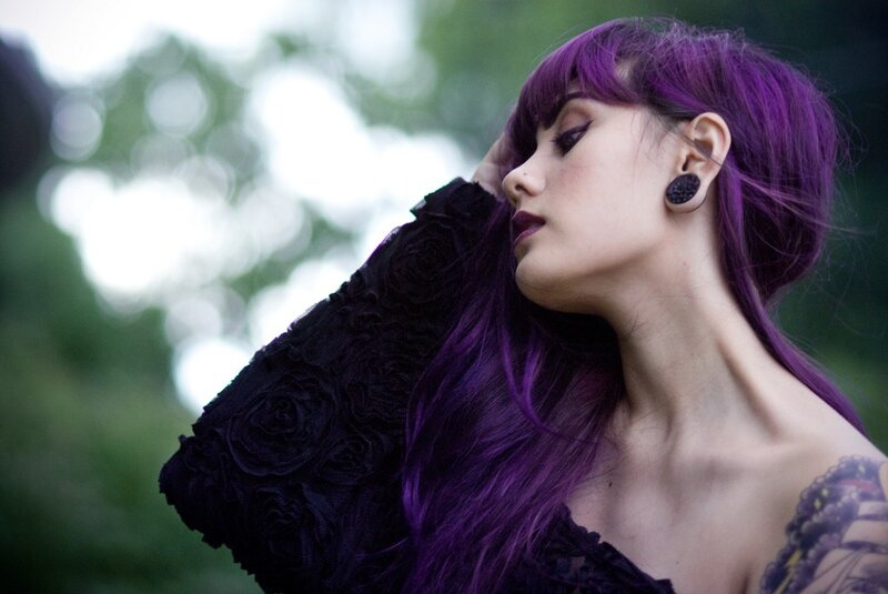 Woman with Purple Hair — Dramatic, Photograph, Tattoo, Earring