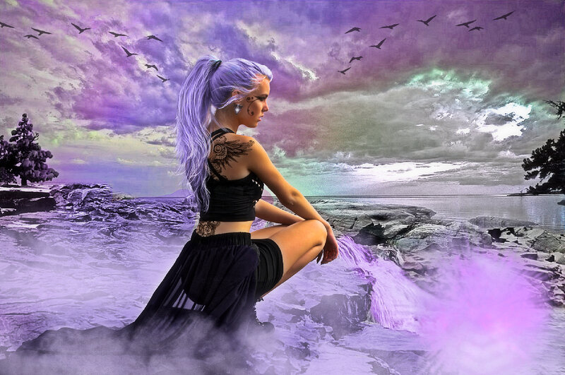 Woman with Purple Hair — Dramatic, Sunset, Digital Art, Birds
