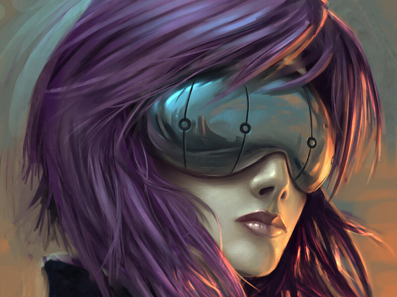 Woman with Purple Hair — Dramatic, Sunset, Digital Art, Goggles