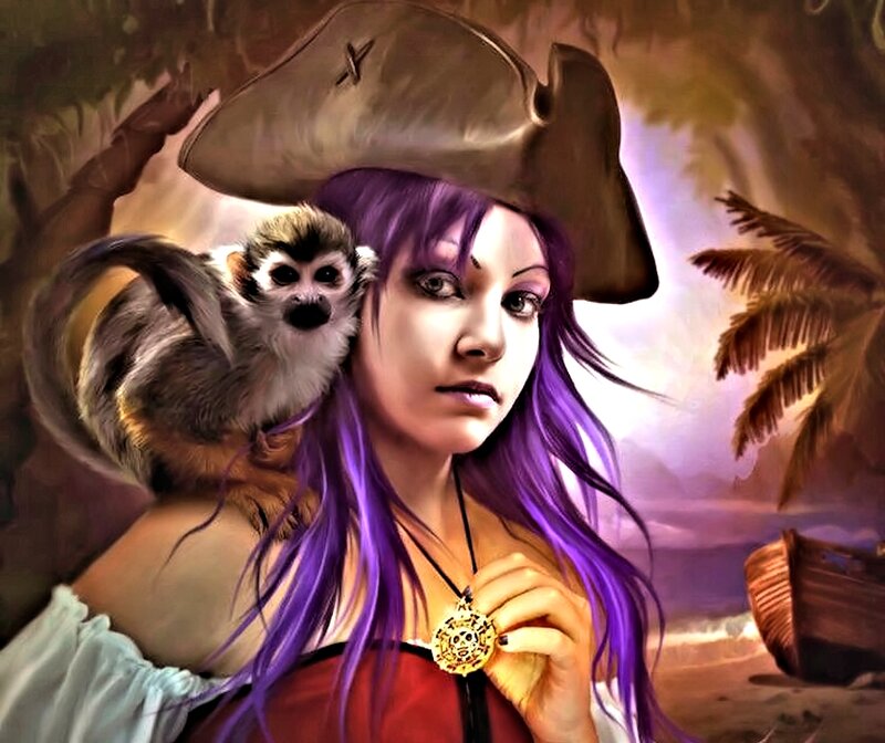 Woman with Purple Hair — Dramatic, Sunset, Digital Art, Monkey