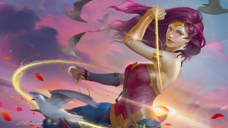 Woman with Purple Hair — Dramatic, Sunset, Digital Art, Whip