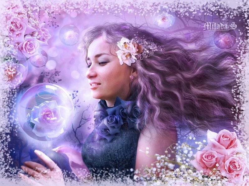 Woman with Purple Hair — Dreamy, Digital Art, Flowers, Rose