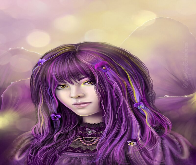 Woman with Purple Hair — Dreamy, Digital Art, Flowers, Wings