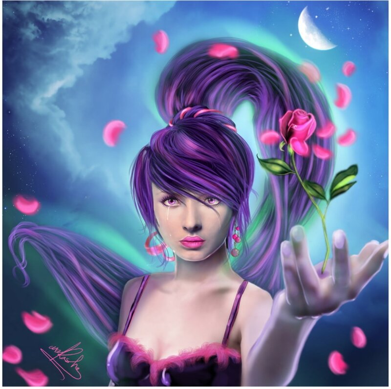 Woman with Purple Hair — Dreamy, Night, Digital Art, Rose