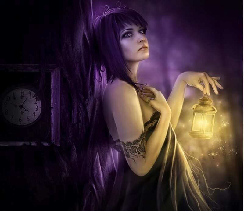 Woman with Purple Hair — Mysterious, Night, Digital Art