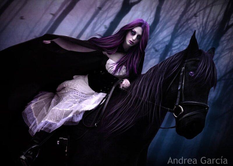 Woman with Purple Hair on Horse