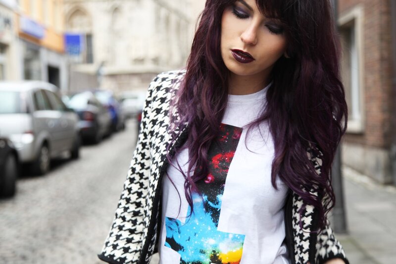 woman with purple hair on street