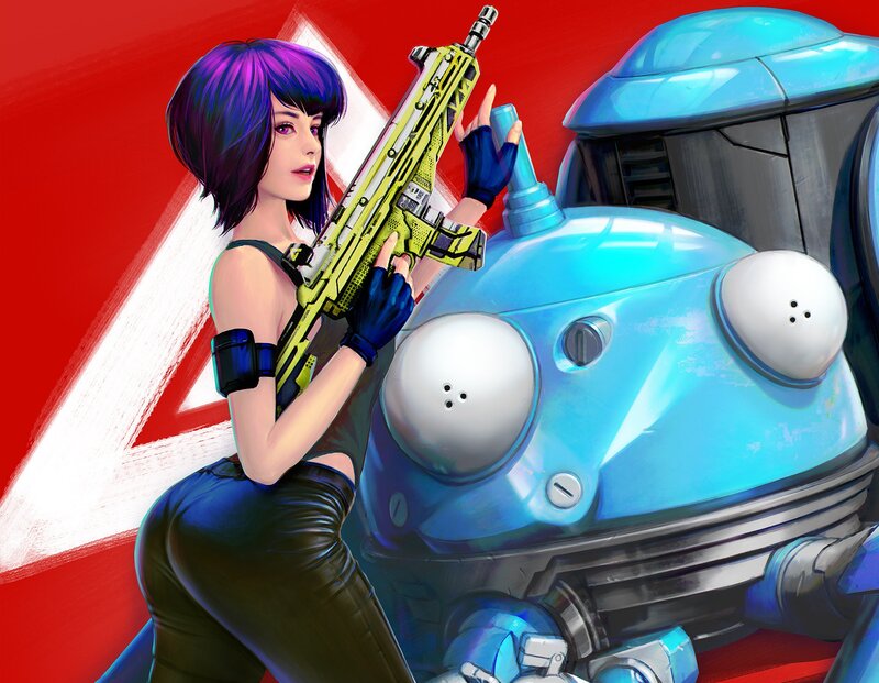 Woman with Purple Hair — Red, Dramatic, Digital Art, Gun