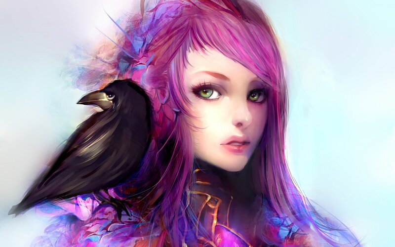 Woman with Purple Hair — Serene, Digital Art, Crow