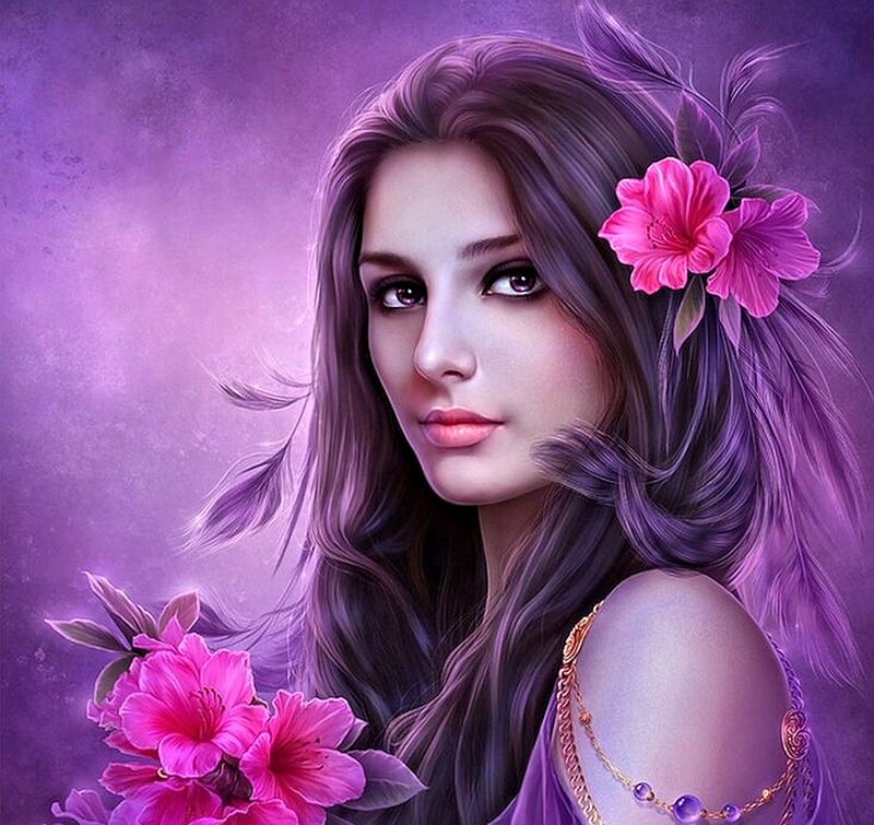Woman with Purple Hair — Serene, Digital Art, Flowers, Feathers