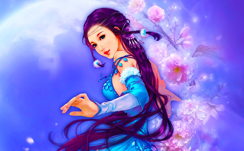 Woman with Purple Hair — Serene, Spring, Digital Art, Flowers