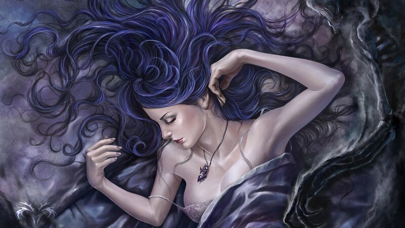 woman with purple hair sleeping