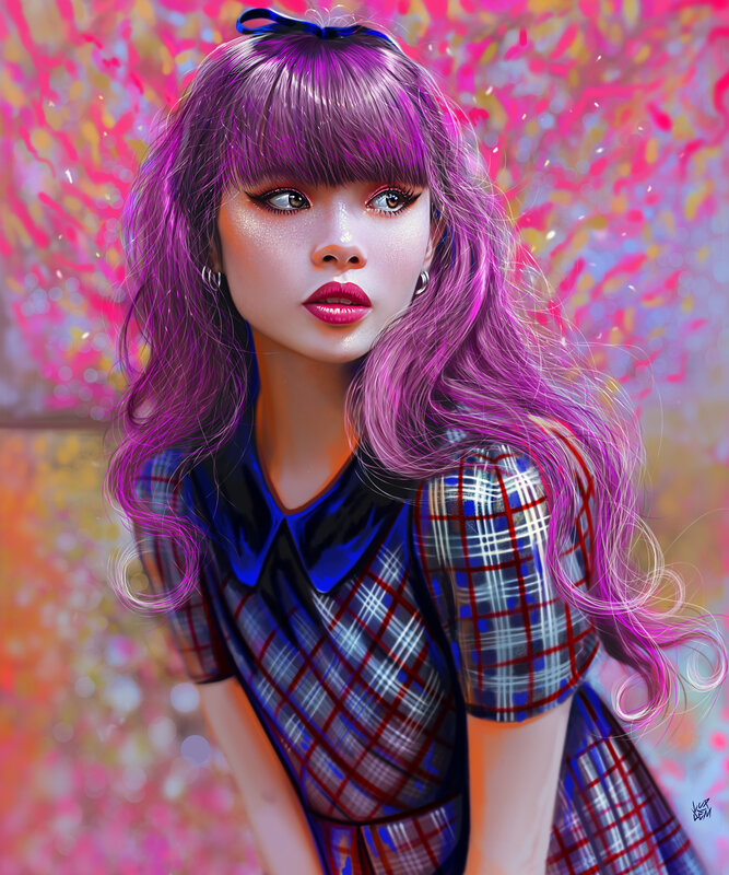 Woman with Purple Hair — Vibrant, Digital Art, Plaid Dress