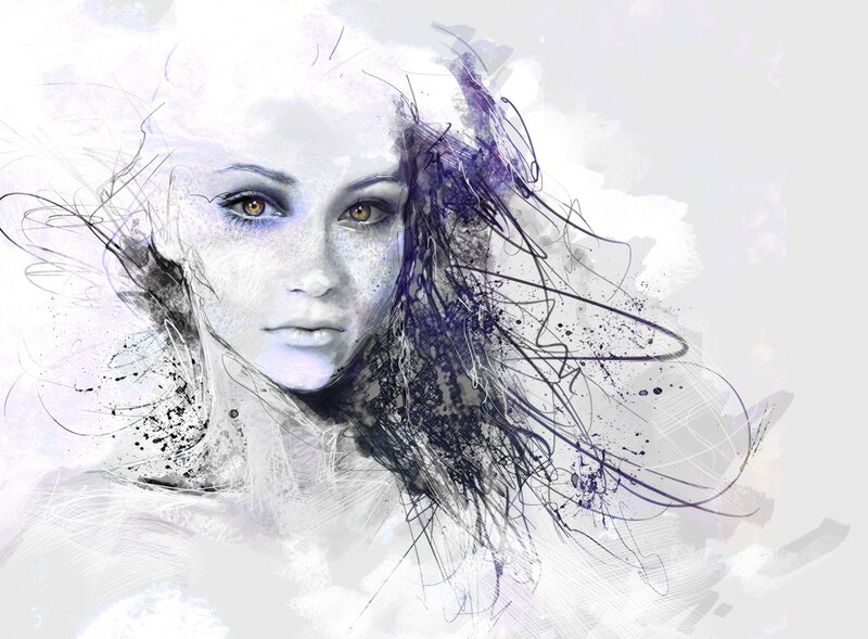 Woman with Purple Hair — White, Dramatic, Digital Art, Eyes