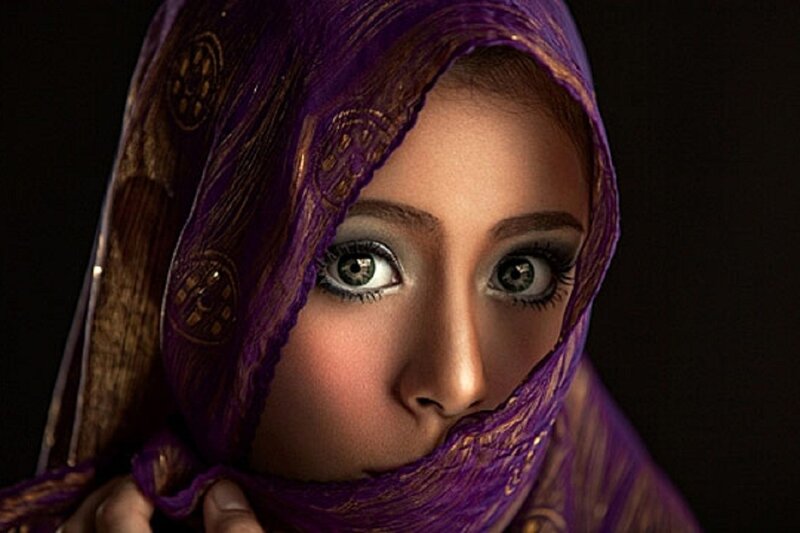 Woman with Purple Headscarf — Dramatic, Photograph