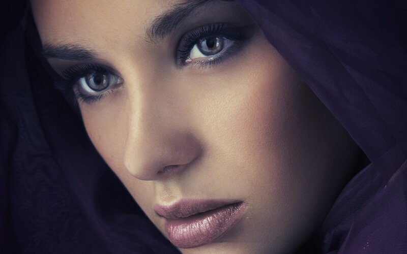 woman with purple headscarf