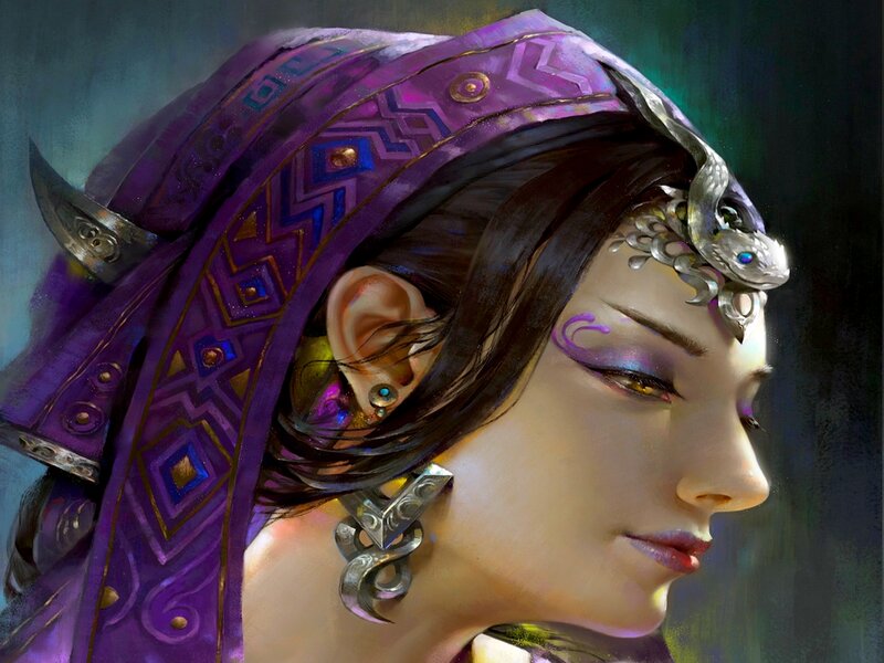 Woman with Purple Headwear
