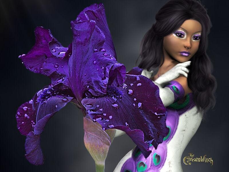 woman with purple iris flower