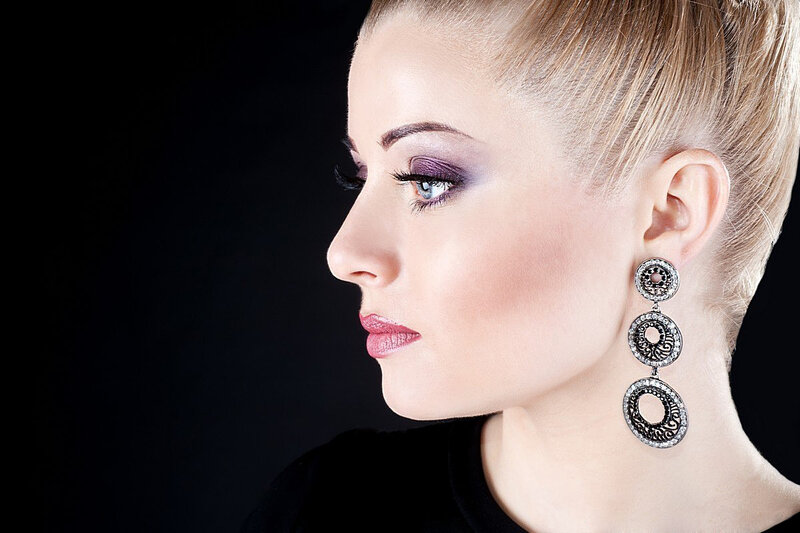 Woman with Purple Makeup — Black, Dramatic, Photograph, Earring